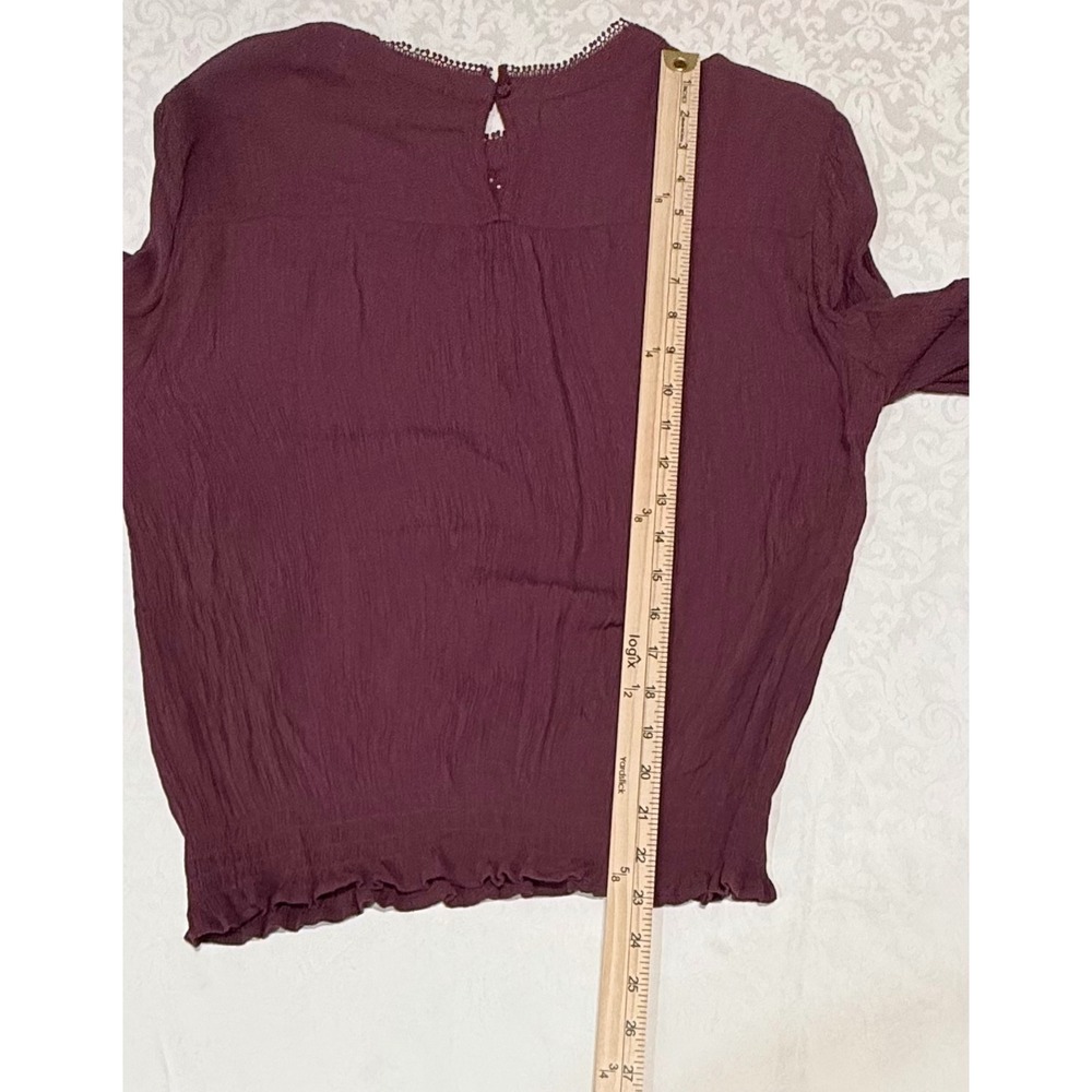 American Rag Lace Yoke Blouse Womens Large Burgundy Boho Smocked Victorian - Picture 7 of 8